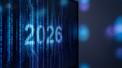 Ultra-realistic 8K shot of &ldquo;2026&rdquo; reflected within flowing vertical data lines. Cool blue and indigo tones, minimal background, high copy space, abstract tech visual.