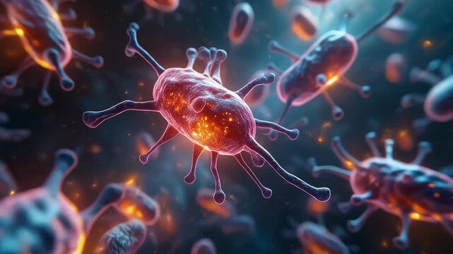 Microscopic view of virus cells with glowing red centers and protruding spikes.