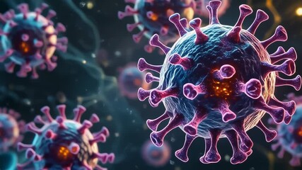 Viral particles with pink spikes and blue membrane floating in a dark environment. - Powered by Adobe