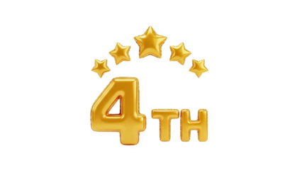 3D Golden 4th place award balloons and stars on transparent background