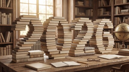 Ultra-realistic 8K photograph of &ldquo;2026&rdquo; formed by neutral hardcover books stacked neatly on a wooden desk. Clean, minimal composition emphasizes knowledge, growth and aspiration, ideal for education.