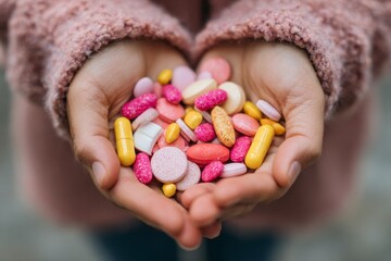 Hands holding colorful pills and vitamins for health and wellness.