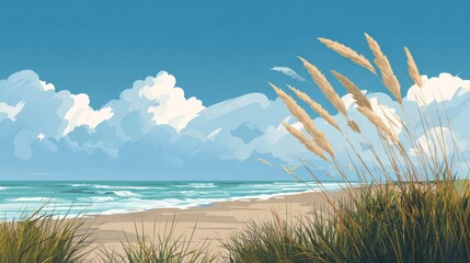 Serene Beach Scene Golden Grasses Swaying by Turquoise Waves with Blue Sky.