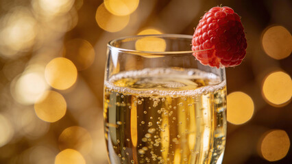 Sparkling beverage with raspberry against festive bokeh background  