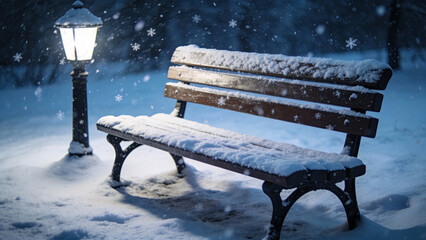 Snow-covered bench under a streetlamp during a winter night  