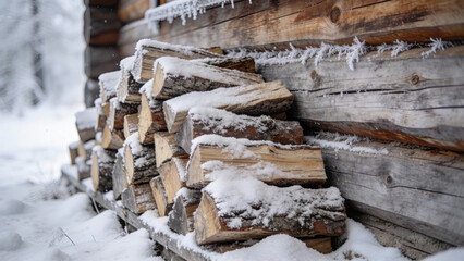 Winter woodpile covered in snow beside a rustic cabin  