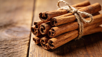 Cinnamon Sticks Bundled with Twine on Rustic Wooden Background  