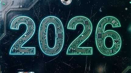 Ultra-realistic 8K macro photograph of &ldquo;2026&rdquo; formed by glowing circuit-board paths on a dark tech surface. Copper traces and micro textures convey innovation, intelligence and futuristic design.