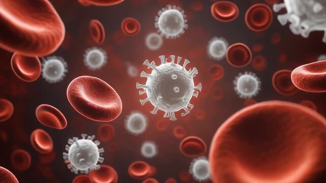 Virus cells floating among red blood cells in bloodstream.