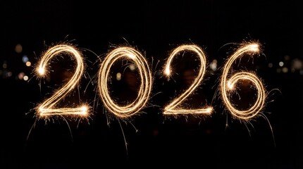 Ultra-realistic 8K long-exposure photograph of &ldquo;2026&rdquo; created using handheld sparklers. Golden light trails shimmer naturally against a dark night background.