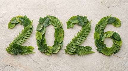 &ldquo;2026&rdquo; arranged entirely from fresh green leaves on a light stone surface. Natural leaf textures and veins highlight sustainability, freshness and eco-conscious design.