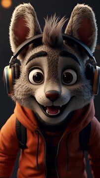 Expressive 3D fox character adjusting headphones, dynamic pose, modern cartoon illustration isolated on clean background.