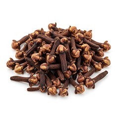 Obraz premium A heap of aromatic dried cloves is isolated on a white background, showing the macro detail of this spicy brown food ingredient used for cooking and seasoning