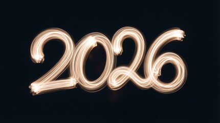 "2026&rdquo; formed by warm white light trails floating mid-air against deep midnight background. Smooth motion blur, elegant glow, minimal composition for New Year or tech stock use.