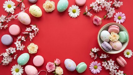 Easter eggs and macarons with flowers on red background