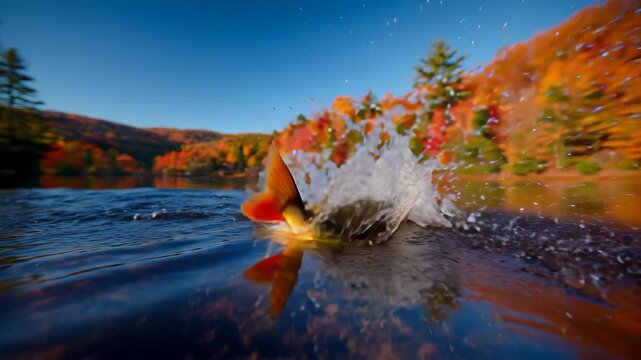 紅葉映る湖でイワナが跳ねる躍動の瞬間