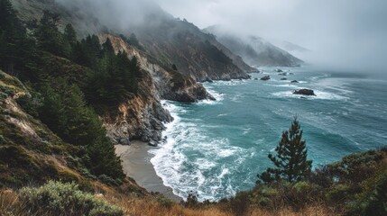 Misty Pacific Coastline Rugged cliffs with wild ocean, and dramatic foggy mountains.