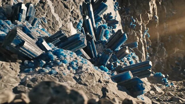 Sharp blue kyanite crystals forming in a rocky mountain outcrop, showcasing natural geological formations.