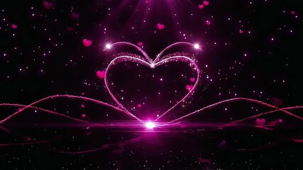 Magical glowing pink heart particle trail rising from water with floating hearts and sparkling glitter in romantic fantasy dark background