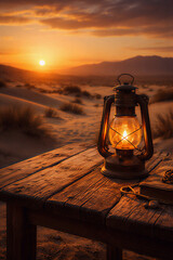 oil lamp on an old table with a twilight background in the desert