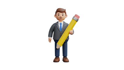 Cartoon businessman holding a yellow pencil on transparent background