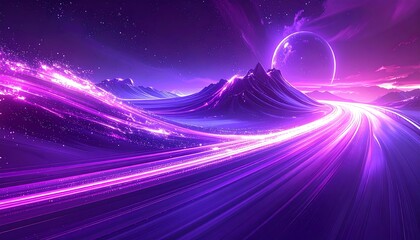 Vibrant futuristic landscape with mountains, glowing trails, and celestial body