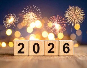 New year 2026 celebration background with wooden number blocks and colorful fireworks, holiday lights, festive winter season greeting card design