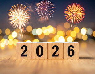 New year 2026 celebration background with wooden number blocks and colorful fireworks, holiday lights, festive winter season greeting card design