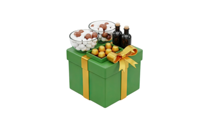 Green Gift Box With Chocolates And Bottles on transparent background