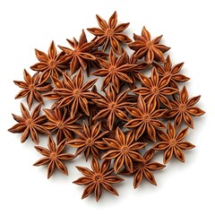 A closeup of aromatic star anise seed pods isolated on a white background, showing the brown organic spice used as a fragrant dried seasoning and flavorful food ingredient