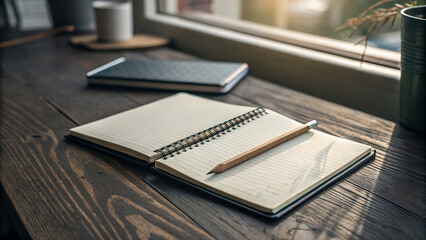 Open spiral notebook with pencil on dark wooden desk by a sunlit window, cozy atmosphere