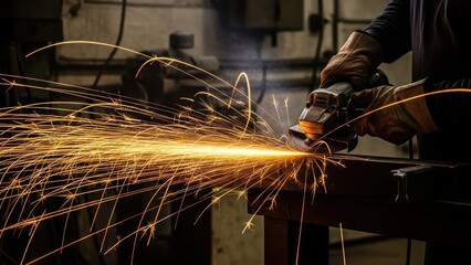 Industrial process of metal fabrication with bright sparks and gloved operator hands