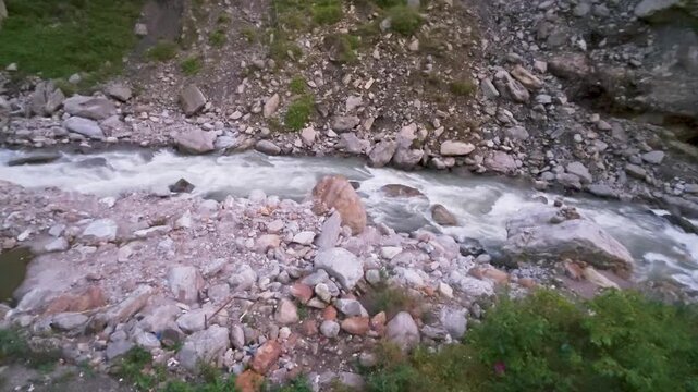 Rushing Waters of the Mandakini River Flowing Through Rocky Himalayan Terrain Near Gaurikund, Uttarakhand