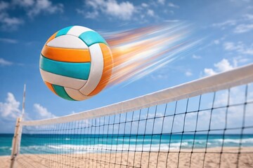 A fast-moving volleyball hovers over the net on a sunny day on a tropical beach against a backdrop of clear blue sky and sea.