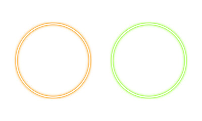 Orange and green neon circles with white inner rings against a dark background