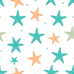Seamless illustration features starfish, dots, white background