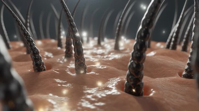 Human skin with dark hair follicles and roots visible in a detailed 3D rendering.