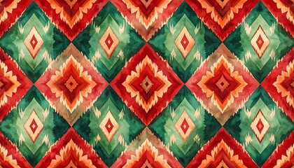 Vibrant geometric pattern featuring watercolor diamond shapes and seamless repeat