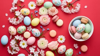 Easter eggs and macarons with flowers on red background