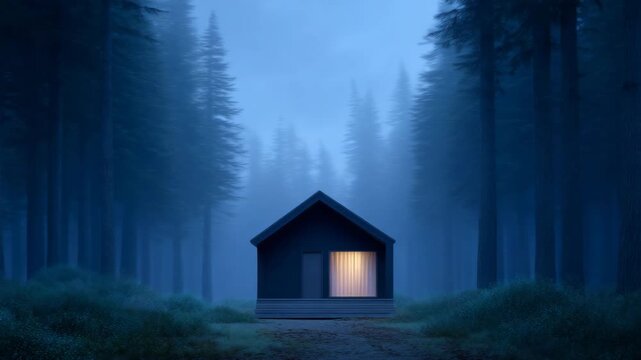 Lonely cabin forest fog night mist light window moody mysterious quiet scene with glowing window dark woodland path tall pine blue light nature dark wood misty forest atmosphere peaceful remote