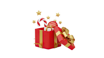 Christmas Gift Box with Ornaments, Candy Cane, and Stars on transparent background