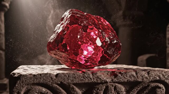 Vibrant red ruby gemstone glowing with inner luminescence atop an ancient stone pedestal in a dimly lit tomb