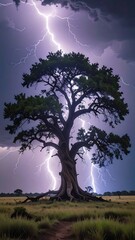 Grand, old tree stands defiant beneath a dramatic sky filled with multiple lightning strikes