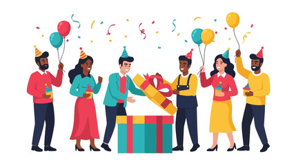 Happy Birthday Celebration with Diverse People Opening Gift Box and Confetti