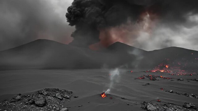 Volcano Eruption Spewing Ash and Lava Over Desolate Landscape