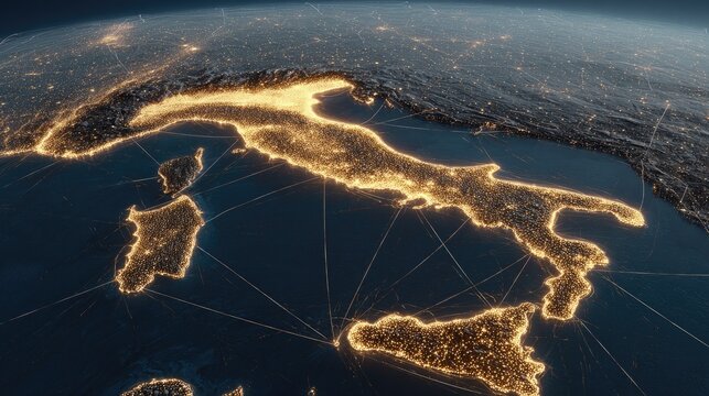 Nighttime earth view illuminating the italian peninsula and surrounding islands