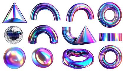 Abstract geometric forms, iridescent finish, on a dark backdrop