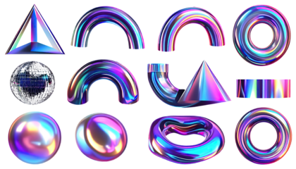 Abstract geometric forms, iridescent finish, on a dark backdrop