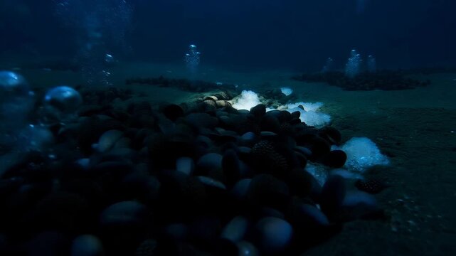 Underwater seabed dark ocean floor marine life deep sea mysterious environment aquatic landscape blue water bubble cluster volcanic vent geothermal nature seafloor rock sediment sand bubble stream