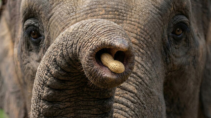 Extreme closeup of an adult pachyderm in a zoo with a peanut in its trunk. Feeding an elephant a treat.